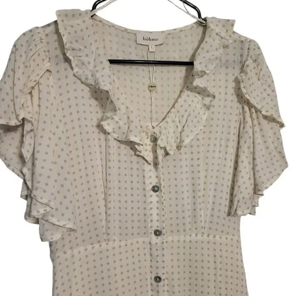 Bohme Ruffle Neck Polka Dot Flutter Sleeve Button Front Boho Midi Dress, L NEW - Picture 4 of 16